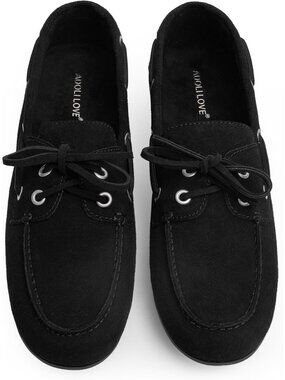Women's Black Suede Comfortable Bow Lace Loafer Slip On Casual Flats Boat Shoes